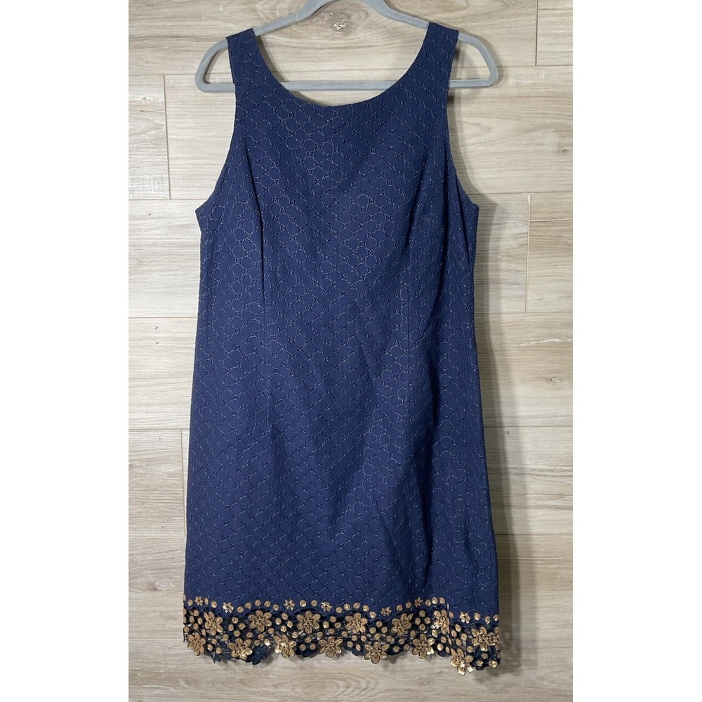 LILLY PULITZER Dawson Navy Gold Shift Cocktail High Neck Eyelet Dress Size 14